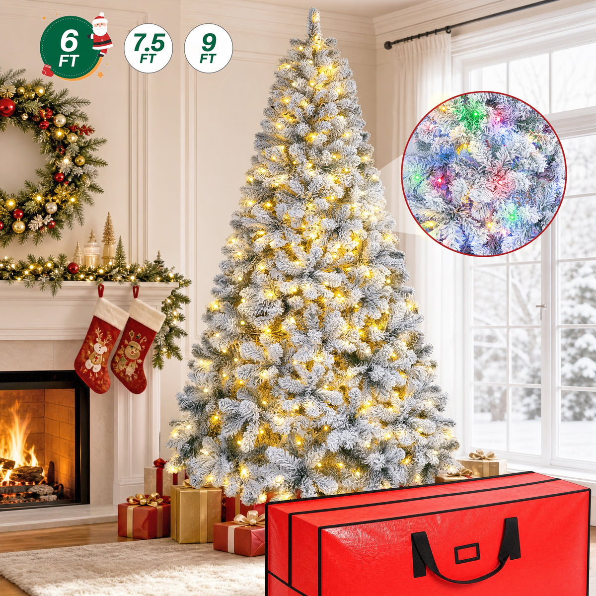 6FT Pre-Lit Flocked Artificial Christmas Tree, 800 Snowy Tips, 250 LED 11 Modes