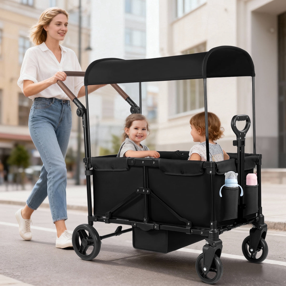 2-Seater Wagon Stroller for Kids, Foldable Baby Stroller Wagon with Canopy, Push & Pull Handles, All-Terrain Wheels