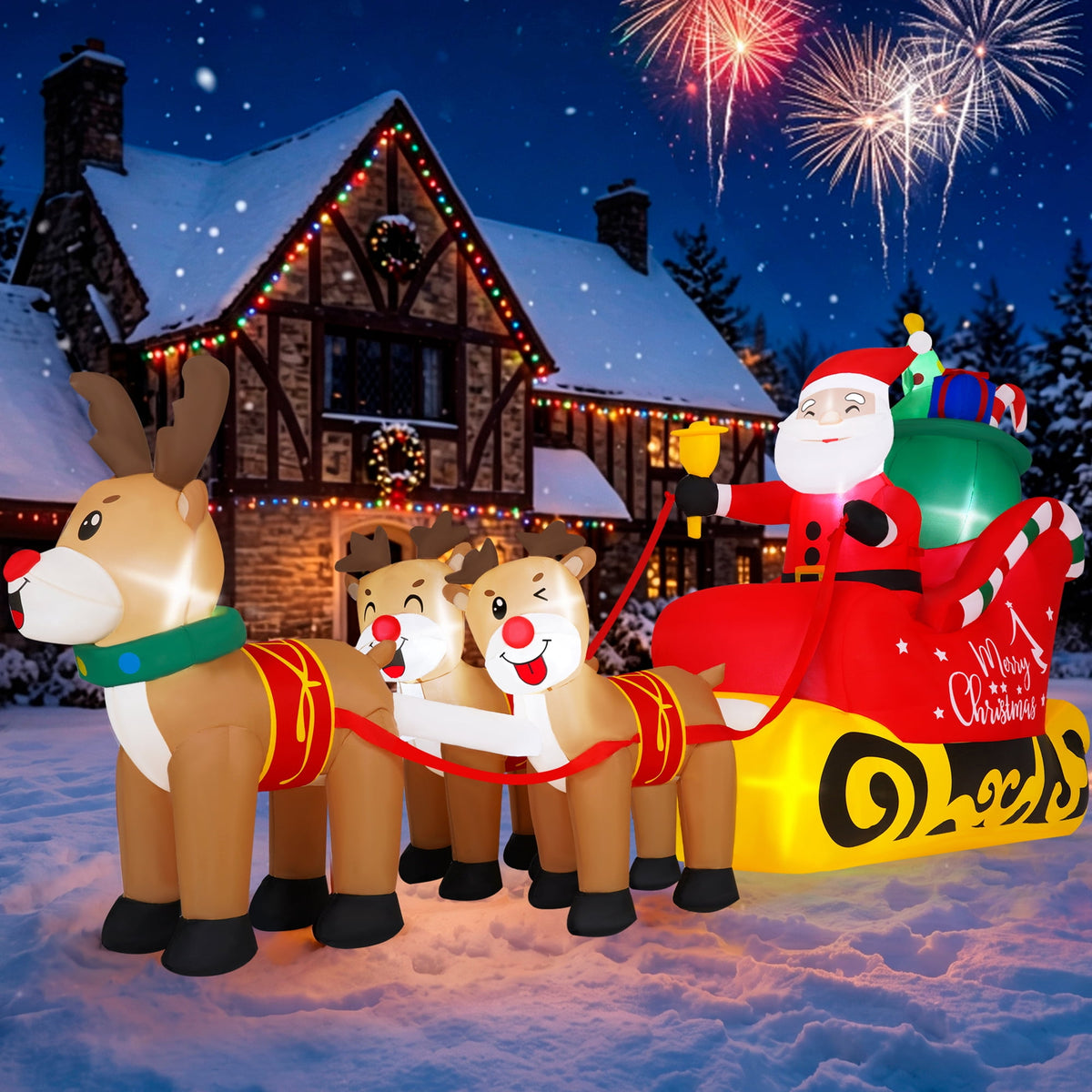 8FT Giant Christmas Inflatable Santa Claus and Reindeer Outdoor Yard Decoration with Built-in LED lihgts,10s Fast Blow-up