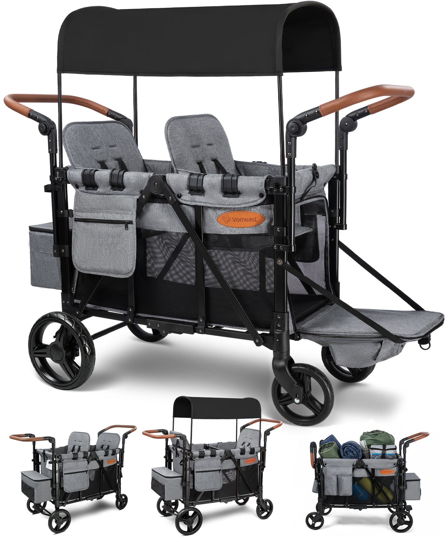 Vomeast Upgrade Wagon Stroller for 2 Kids, 2-Seater Outdoor Baby Stroller Wagon with Canopy, 5-Point Harness, Adjustable Handle(Black)