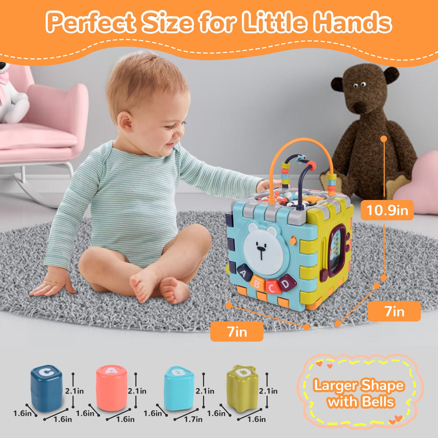 Vomeast 6-in-1 Baby Activity Cube w/ Music, Preschool Montessori Learning Toys for Toddlers Infant, for Birthday Christmas Baby Shower Gifts, Multicolor