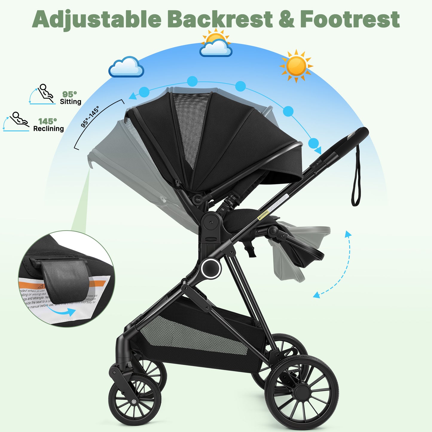 Vomeast 2 in 1 Baby Strollers, Foldable Travel Stroller with Reversible Seat, All-Wheel Suspension, 5-Point Harness