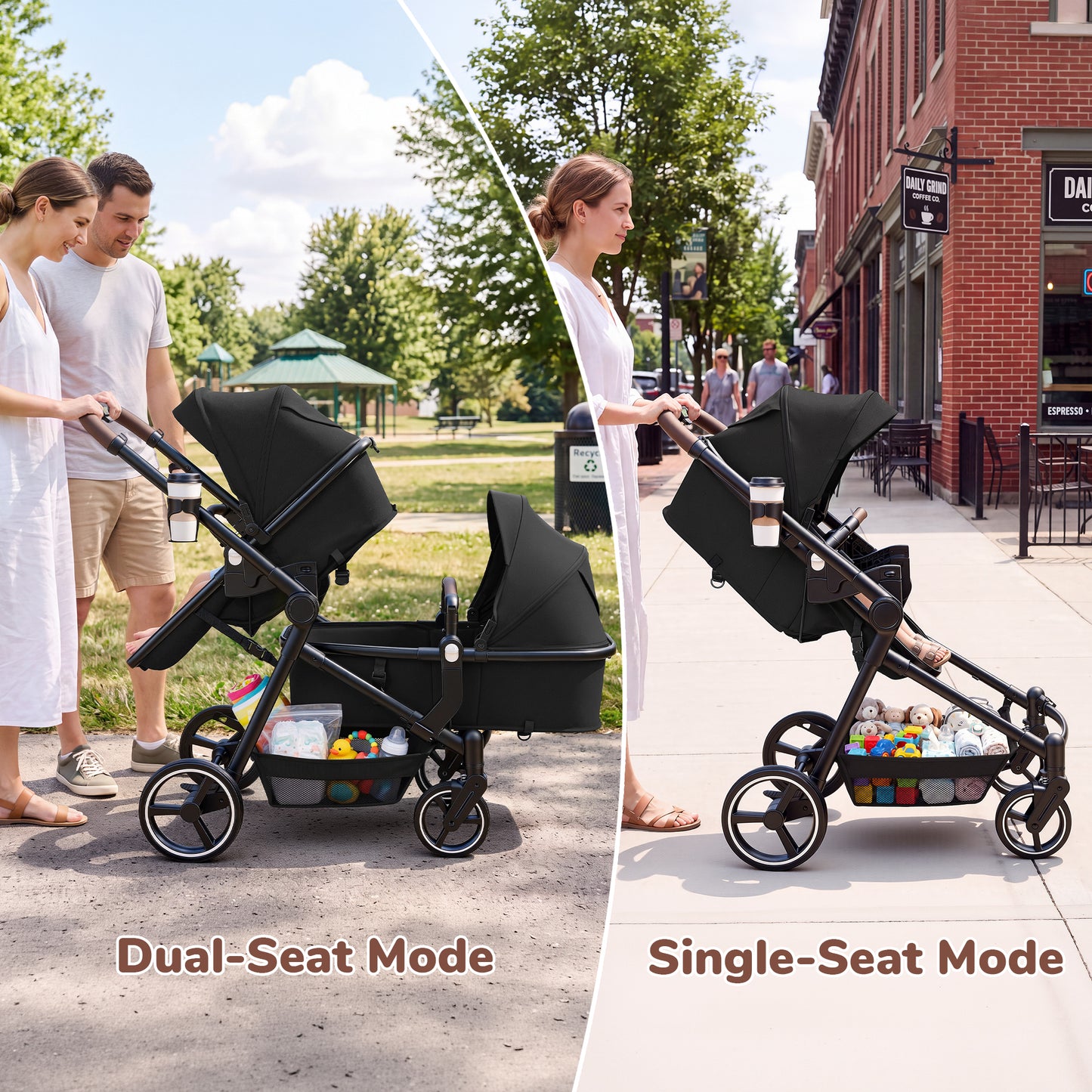 Vomeast Double Stroller for Infant and Toddlers, Foldable Twin Baby Strollers, Reversible Seat, 5-Point Harness, Adjustable Canopy & Reclining Seat