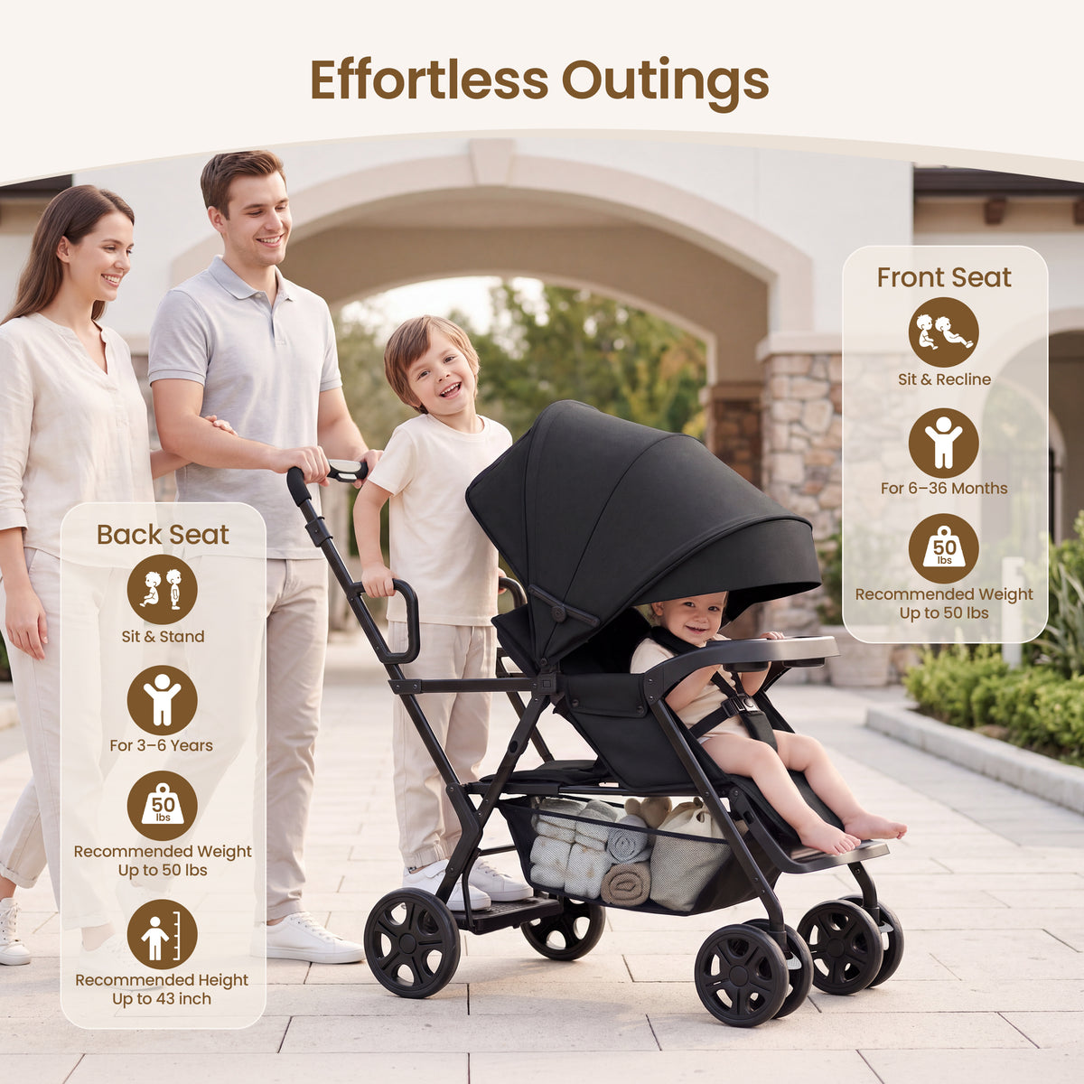 Vomeast Double Stroller, Foldable Travel Baby Stroller, Sit and Stand, Lockable Front Wheels, Dual Rear Brakes