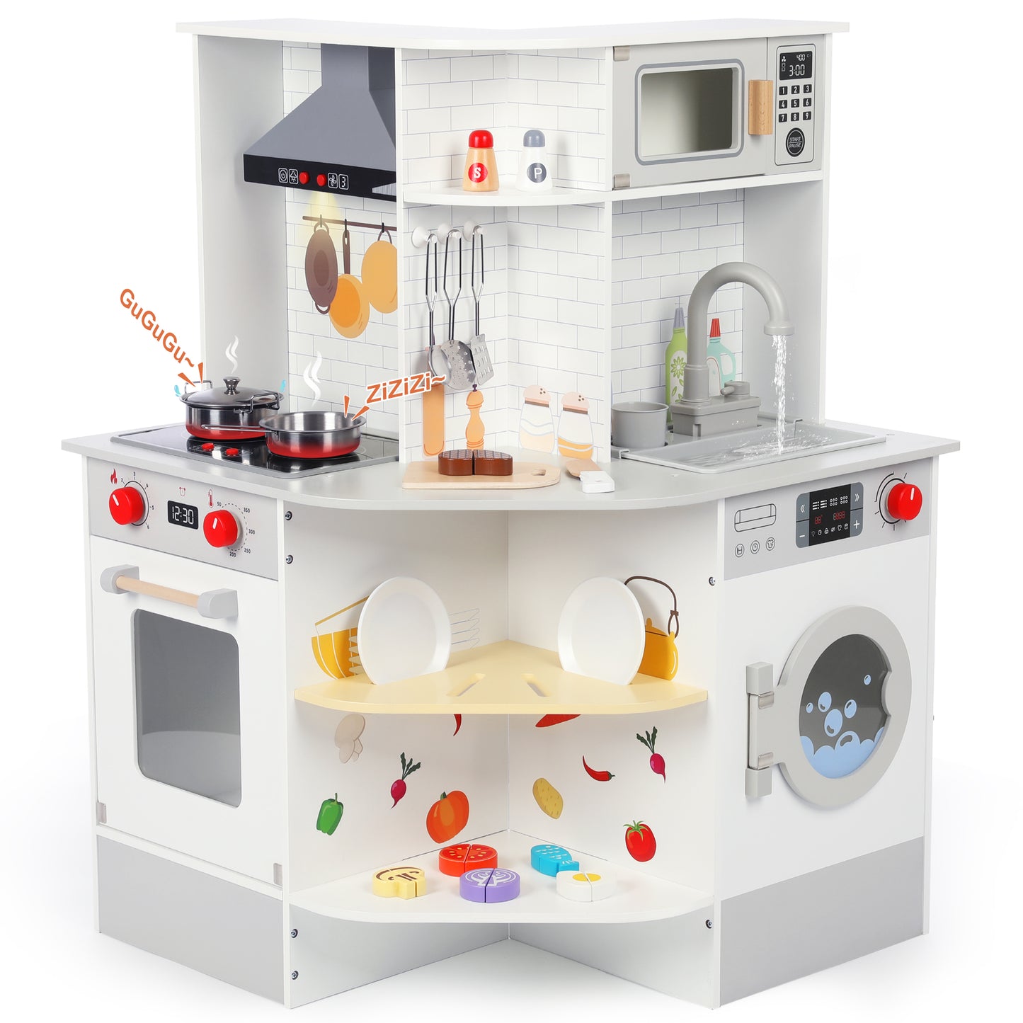 Wisairt Pretend Play Kitchen Set, Wooden Kitchen for Kids w/ Stove, Sink, Oven, Microwave, Coffee Maker Gift for Boys Girls Age 3-8