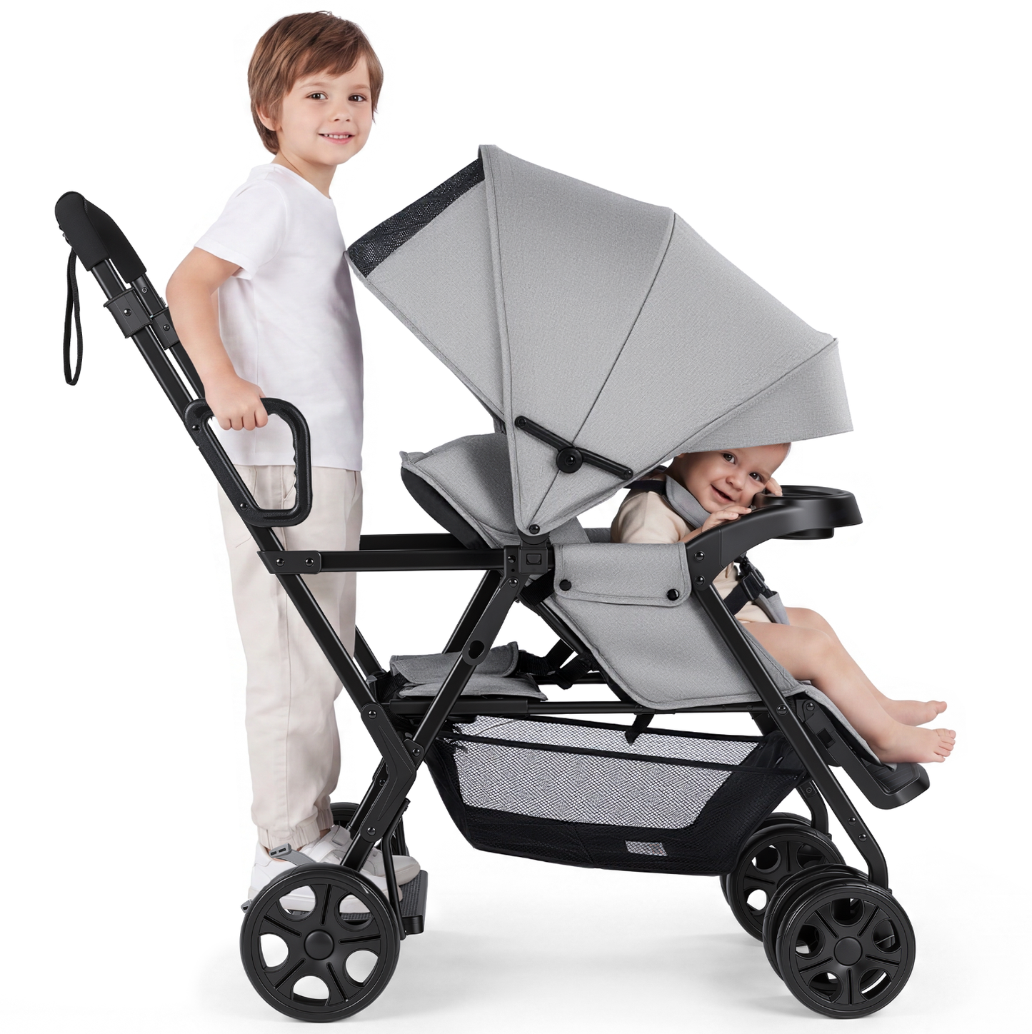 Vomeast Double Stroller, Foldable Travel Baby Stroller, Sit and Stand, Lockable Front Wheels, Dual Rear Brakes