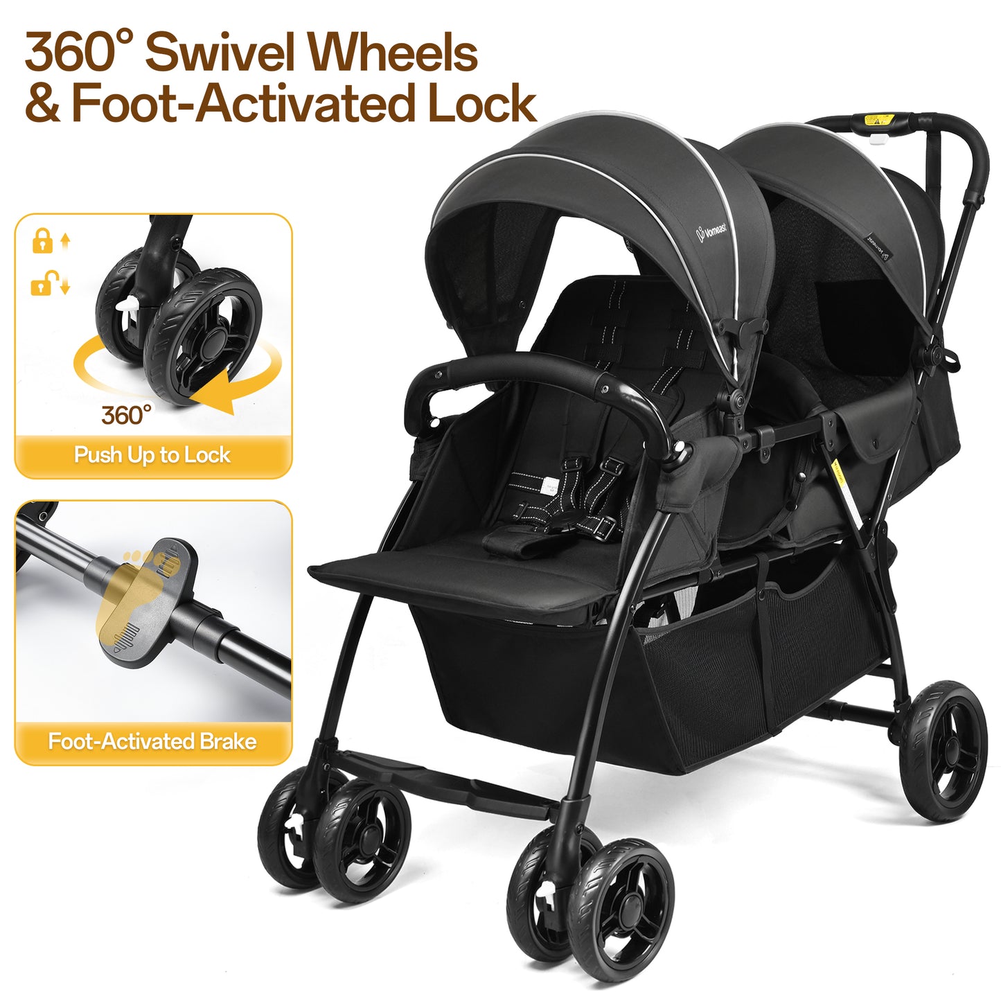 Vomeast double stroller for Twins, Foldable Lightweight Travel Stroller for infant and toddler, 5-Point Harness, Adjustable Canopy & Reclining Seat