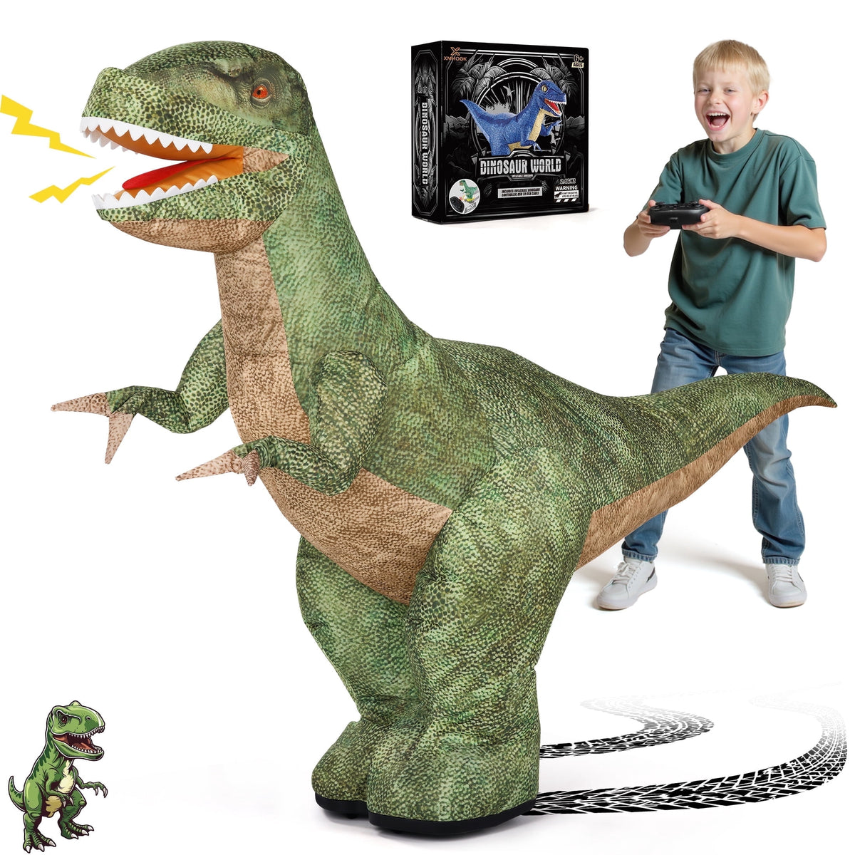 4FT Inflatable Dinosaur RC Car - 360¡ã Rotation with LED Lights & Roaring Sounds - Green