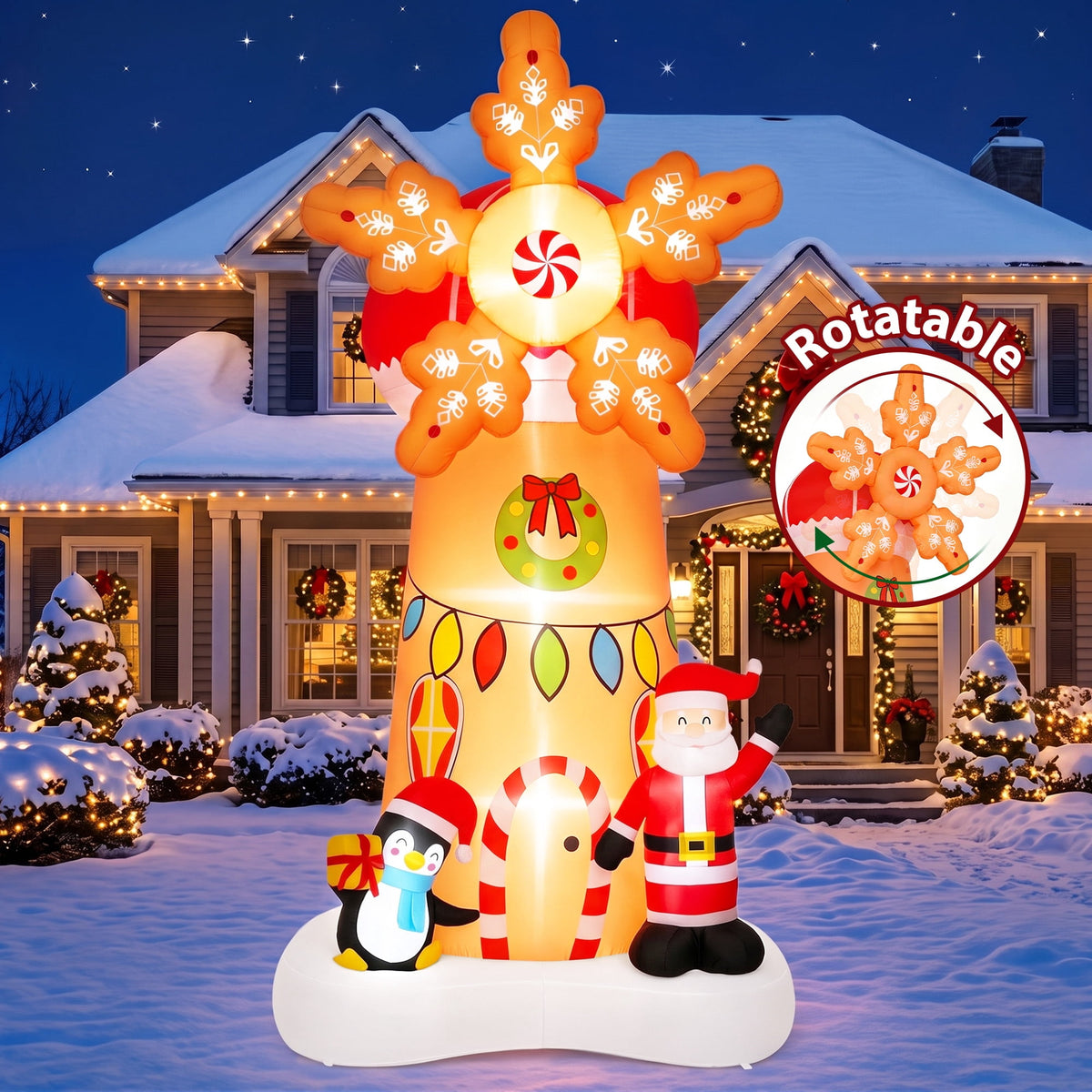 8FT Giant Christmas Inflatable Santa Claus and Rotatable Windmill Outdoor Yard Decoration with Built-in LED lihgts,10s Fast Blow-up