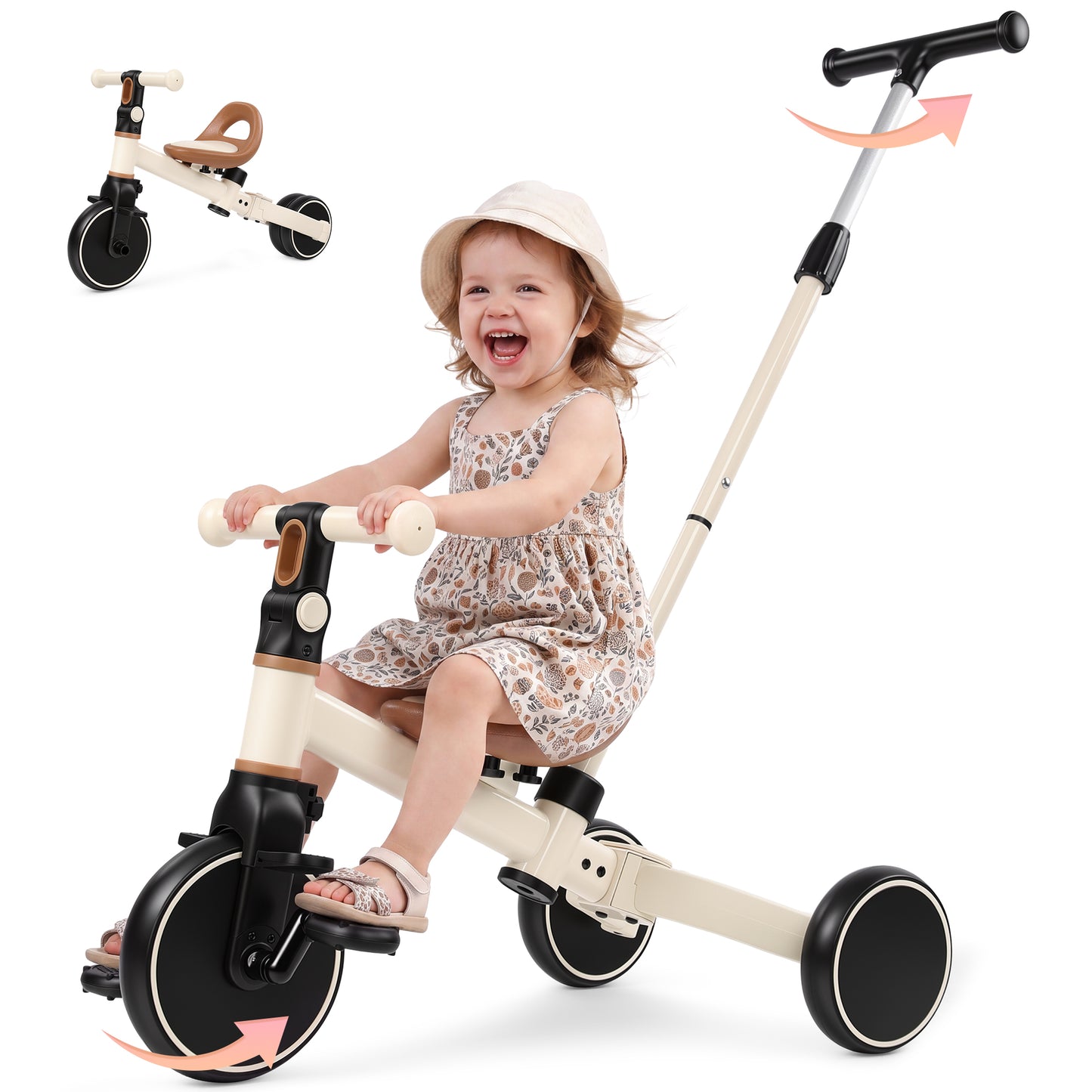 Wisairt 5-in-1 Toddler Tricycle with Push Handle for 1-3 Years, Toddler Bike, Kids Trike, Balance Bike with Adjustable Seat & Handlebar