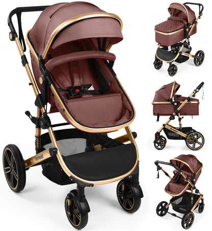 Vomeast Baby Stroller, Foldable Aluminum Alloy Stroller with Reversible Bassinet