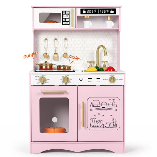 Wisairt Wooden Play Kitchen for Kids, Pretend Play Kitchen with Realistic Sounds & 17-Piece Accessory Set, Pink, Age 3+