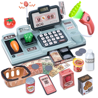 Wisairt Cash Register for Kids, Toy Cash Register with Scanner Voice Recognition Mobile Payment Function, Play Cash Register, Count Learning Toys