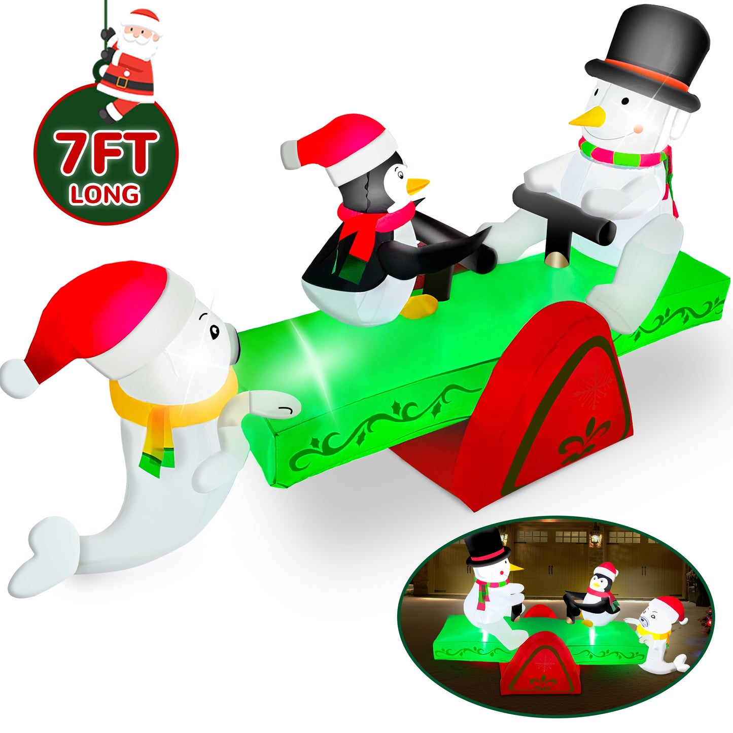 Vrilay 7ft Christmas Inflatable,Santa, Penguin with Seesaw Inflatable with LED Lights for Christmas Holiday Outdoor Yard Decorations