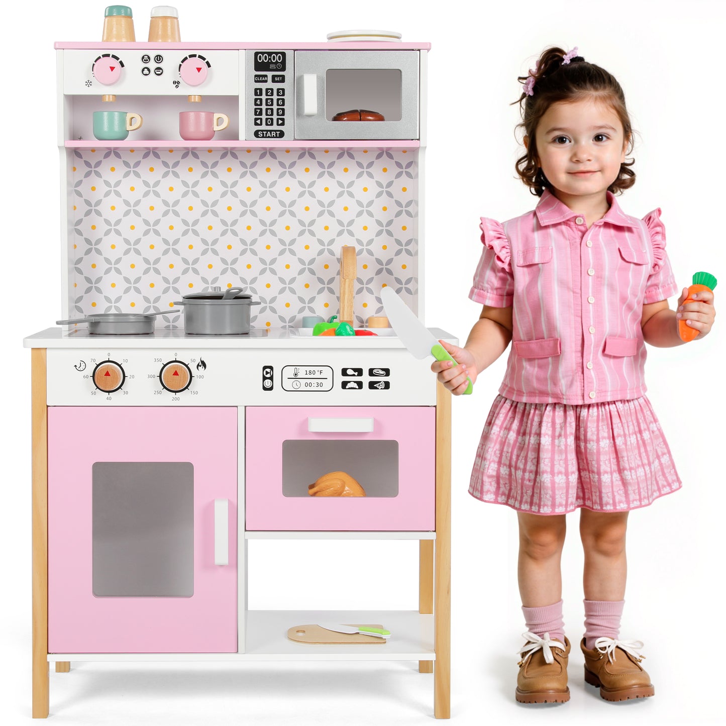 Wisairt Pretend Play Kitchen Set, Wooden Kitchen for Kids w/ Stove, Sink, Oven, Microwave, Coffee Maker Gift for Boys Girls Age 3-8