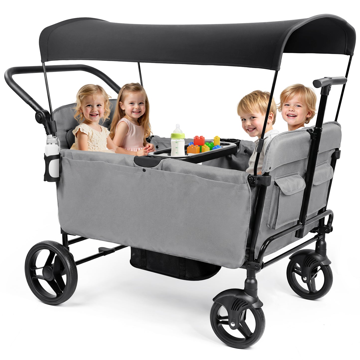 Vomeast Wagon Stroller for Kids,Spacious 2-Seater Stroller Wagon with Adjustable Canopy,Pull & Push Handle,5-Point Harness,Foldable for Toddlers, Black