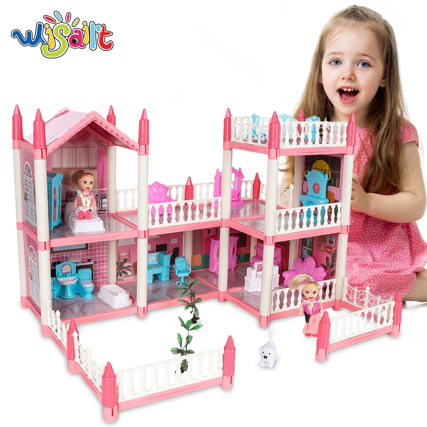 Wisairt Doll House for Girls, DIY DollHouses Set with 7 Rooms 1 Terraces, 23Pcs Pretend Play House Accessories for Kids Gift Ages 4-8, Pink