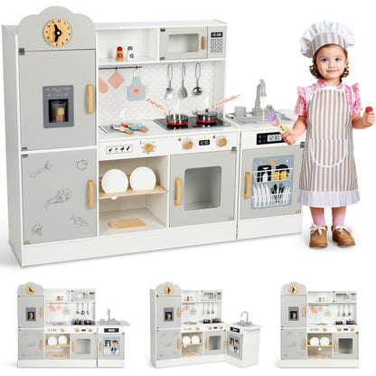 Wisairt Pretend Play Kitchen Set, 51.2in Wooden Kitchen for Kids w/ Chef's Costume Stove Sink Ice Maker Oven Microwave, Realistic Lights Sounds