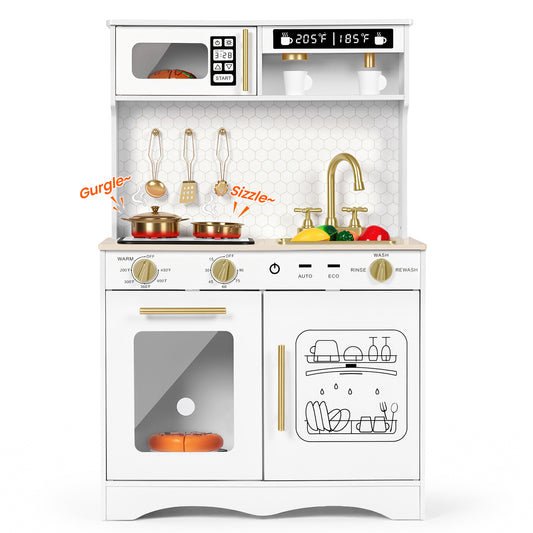 Wisairt Wooden Play Kitchen for Kids, Pretend Play Kitchen with Realistic Sounds & 17-Piece Accessory Set, White, Age 3+