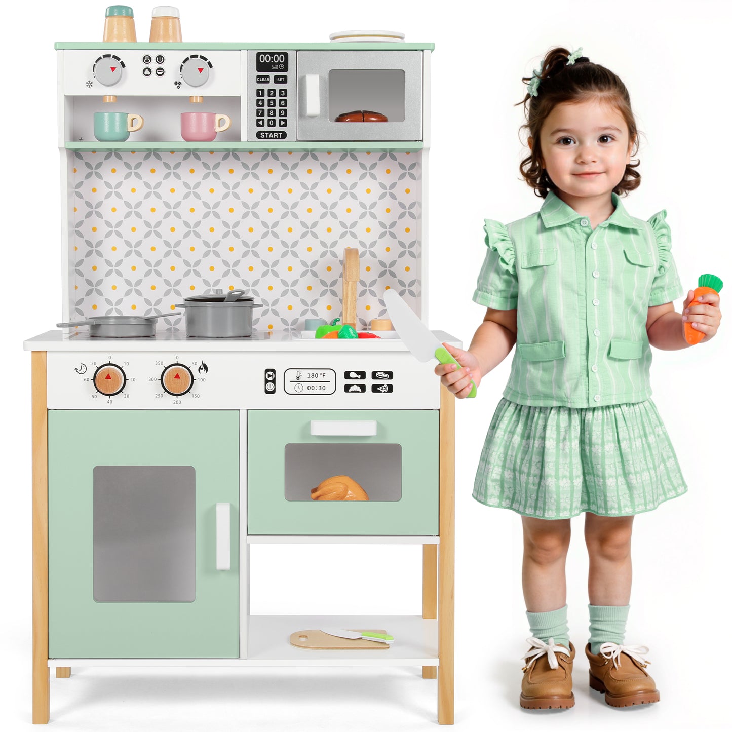 Wisairt Pretend Play Kitchen Set, Wooden Kitchen for Kids w/ Stove, Sink, Oven, Microwave, Coffee Maker Gift for Boys Girls Age 3-8
