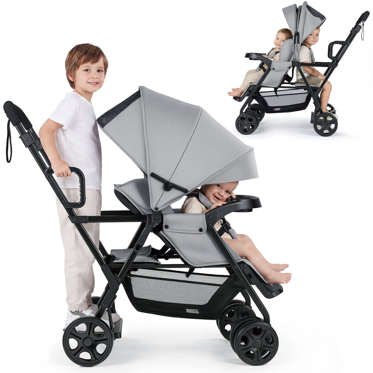 Vomeast Double Stroller, Foldable Travel Baby Stroller, Sit and Stand, Lockable Front Wheels, Dual Rear Brakes