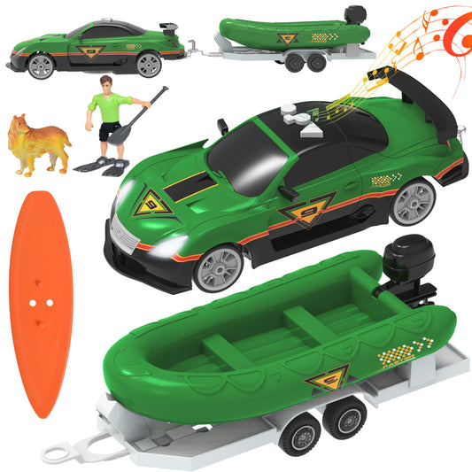 Wisairt Toy Trucks and Boat Trailer Vehicle Playset for Kids, 1:18 Scale cars with Sounds and Light for Aged 3+ Boys Girls Birthday Party Gifts（Green）