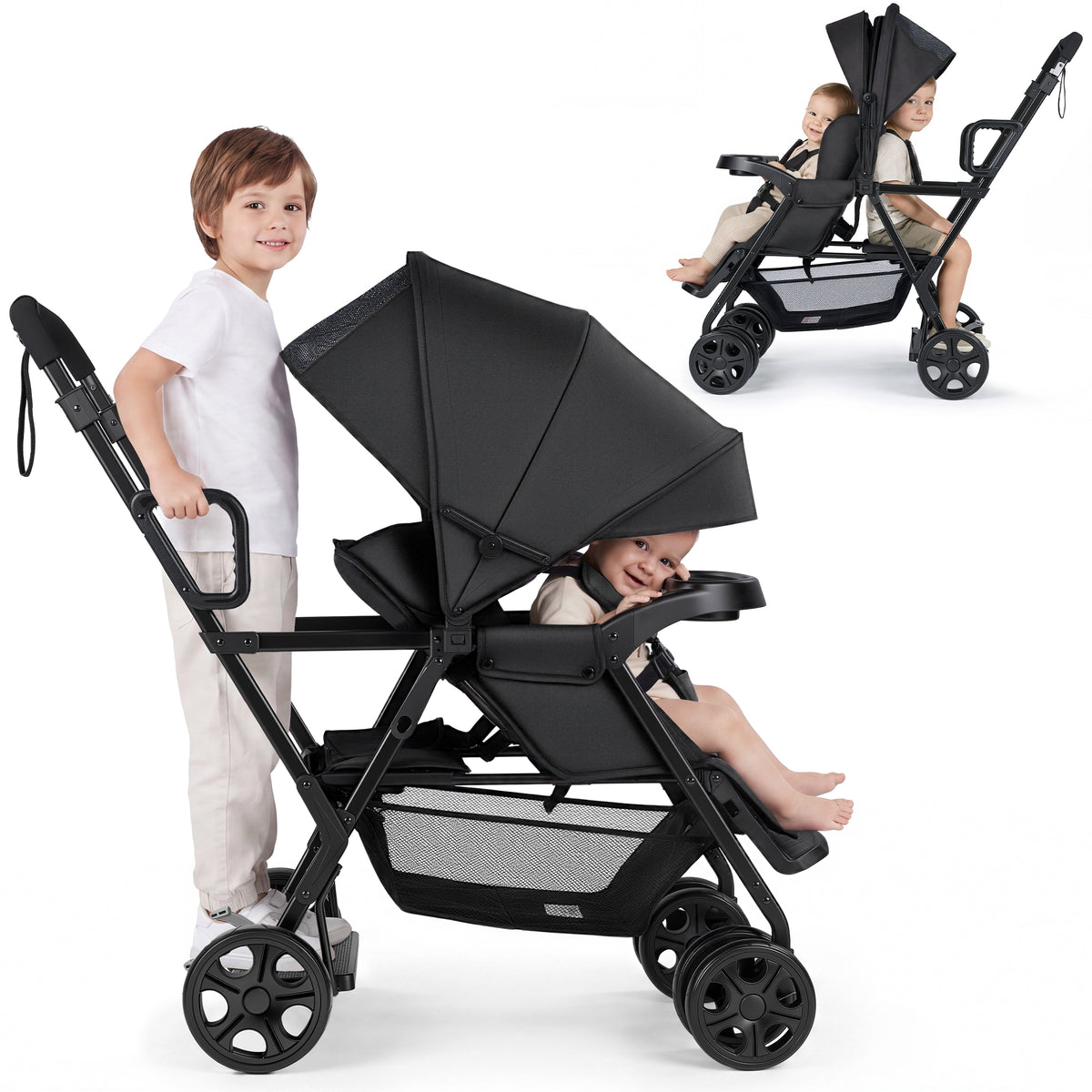 Vomeast Double Stroller, Foldable Travel Baby Stroller, Sit and Stand, Lockable Front Wheels, Dual Rear Brakes