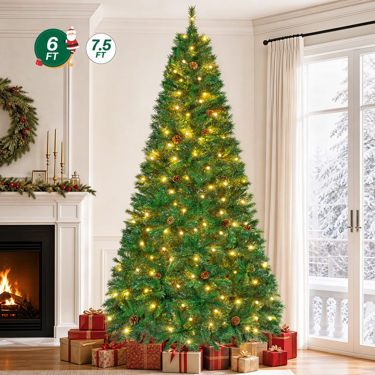 6FT Pre-Lit Artificial Christmas Tree, 804 Tips Full Green Pine with 200 LED 8 Modes