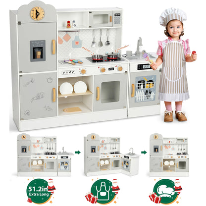 Wisairt Pretend Play Kitchen Set, 51.2" Extra Long Wooden Play Kitchen for Kids w/ Chef's Costume, Stove, Sink, Ice Maker, Oven, Microwave, Dishwasher, Realistic Lights Sounds