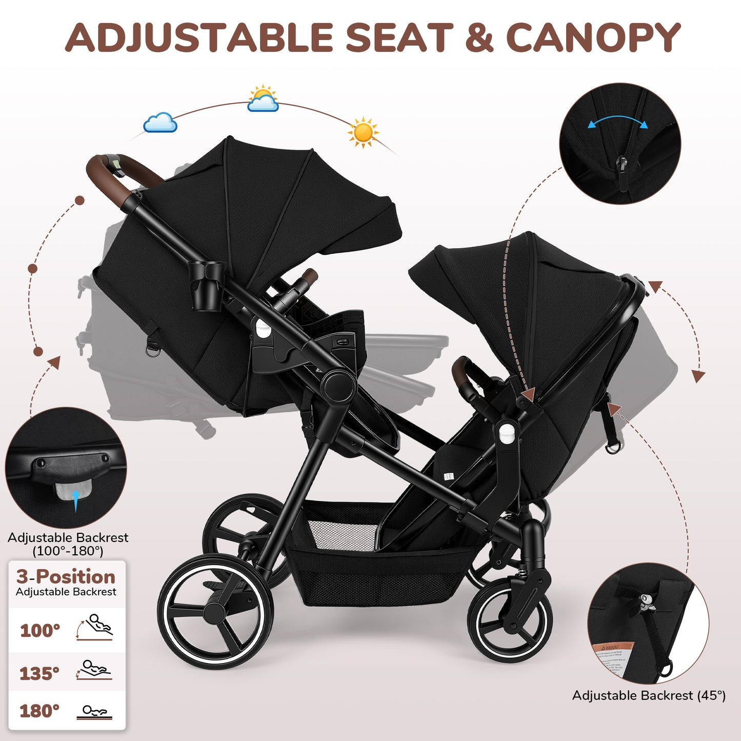 Vomeast Double Stroller for Infant and Toddlers, Foldable Twin Baby Strollers, Reversible Seat, 5-Point Harness, Adjustable Canopy & Reclining Seat