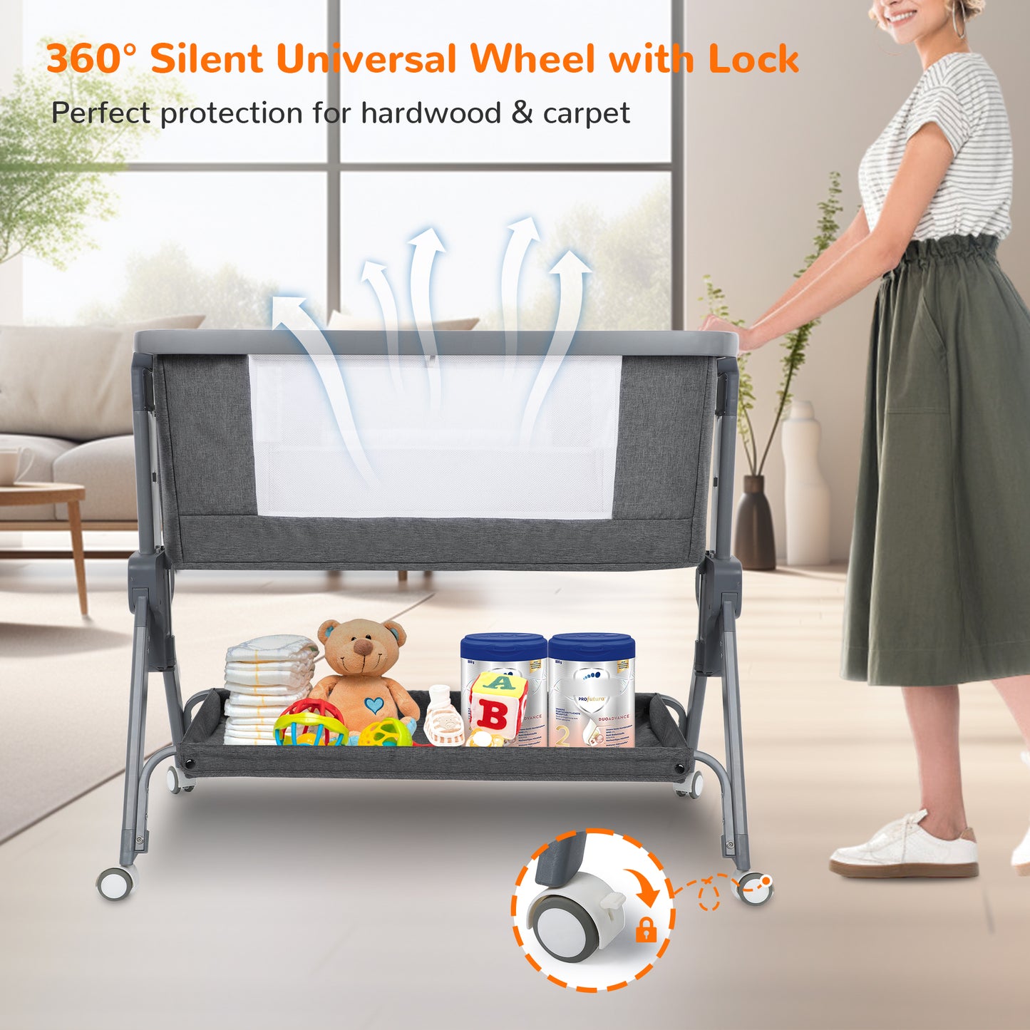 Vomeast Baby Bassinet, Bedside Sleeper Bedside Crib, Folding Portable Crib with Zipper, Grey