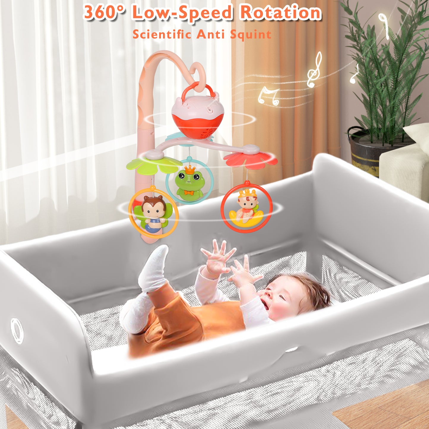 Vomeast Crib Mobile, Baby Crib Mobile with Timing Function and Music, Hanging Rotating Rattles for Newborn 0-36 Months Boys and Girls Pink