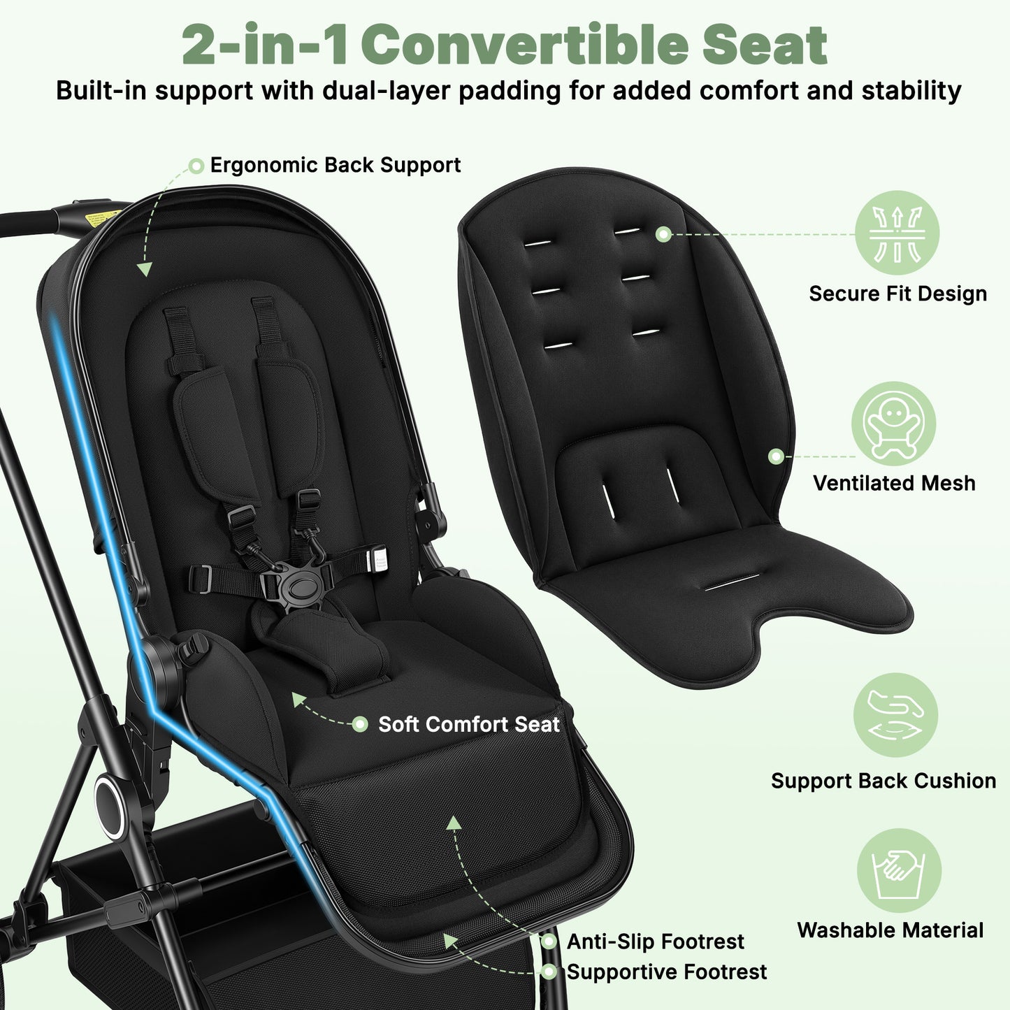 Vomeast 2 in 1 Baby Strollers, Foldable Travel Stroller with Reversible Seat, All-Wheel Suspension, 5-Point Harness