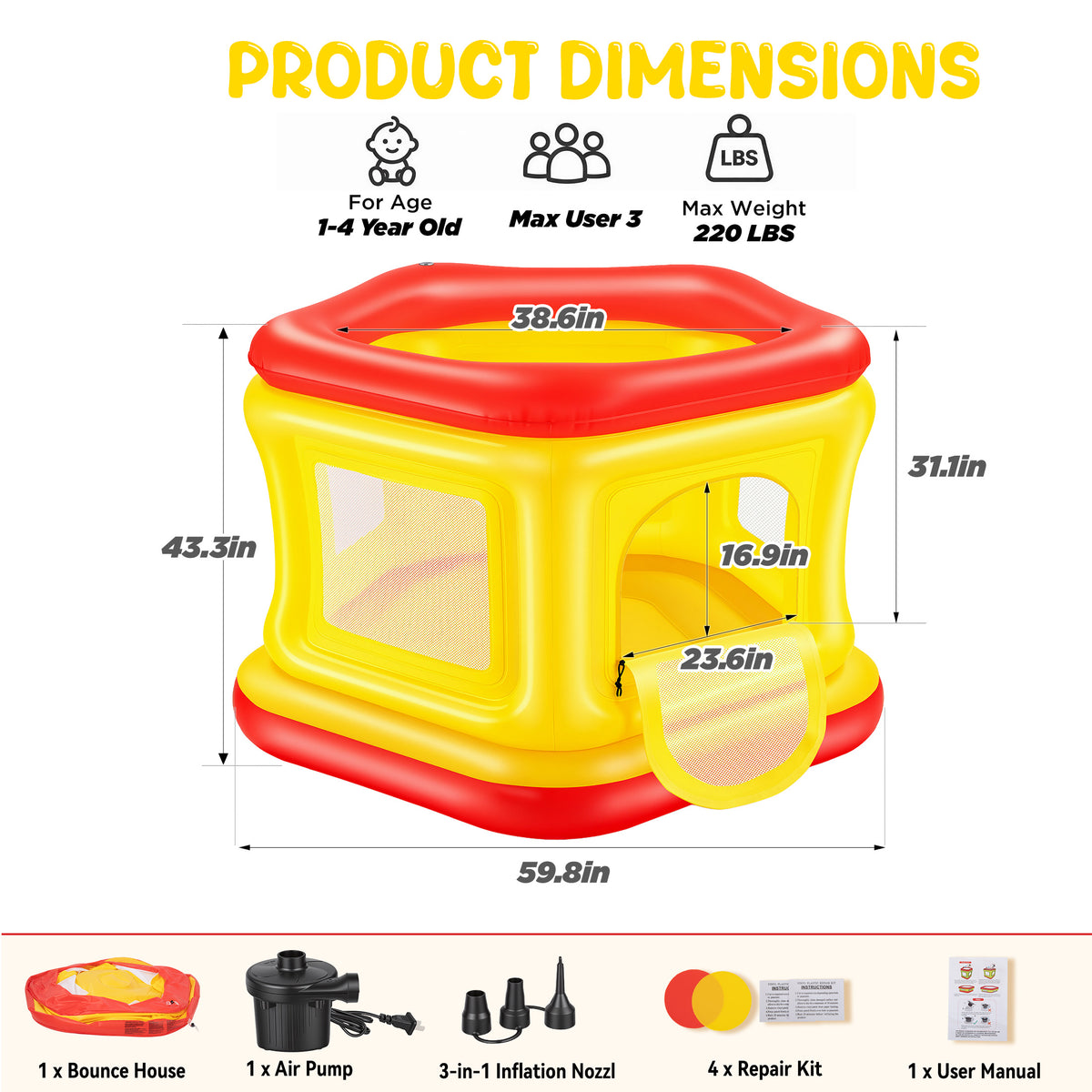 Wisairt Inflatable Bounce House with Electric Air Pump and Inflation Nozzle,Indoor Outdoor Blow up Bouncy House