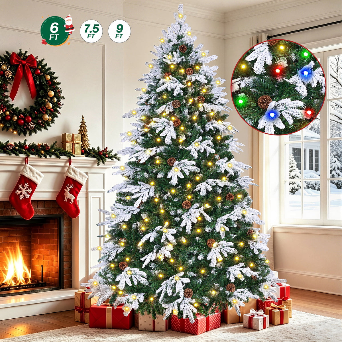 6FT Pre-Lit Flocked Snow-Tipped PE Realistic Christmas Tree, 813 Tips, 250 LED 11 Modes
