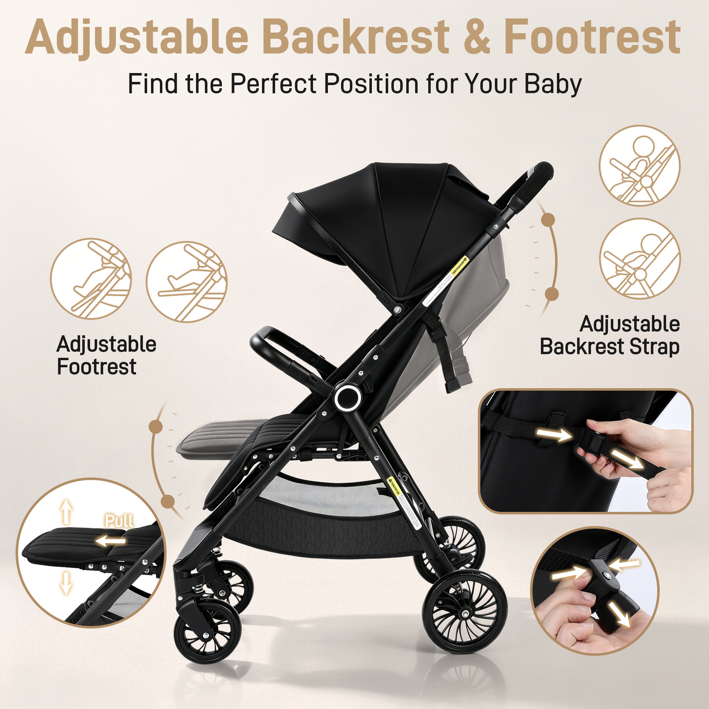 Vomeast Lightweight Stroller, Foldable Baby Stroller with Reversible Handle & One-Hand Fold for Travel