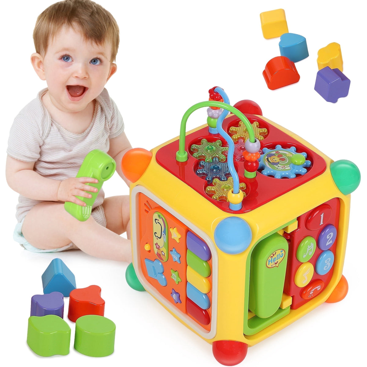 6-in-1 Baby Activity Cube, Montessori Learning Toy with Music & Shape Sorter, 10-36 Months