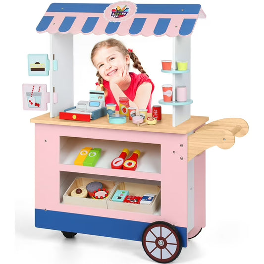 Wisairt Kids Grocery Store Play Set, Pretend Play Wooden Supermarket Shopping Toy w/ Cash Register Food Drink - Pink & Blue