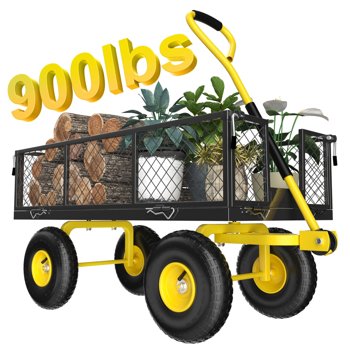 900 lb Heavy-Duty Garden Cart, 2-in-1 Utility Wagon with Removable Sides, 10" Pneumatic Tires & Adjustable Handle