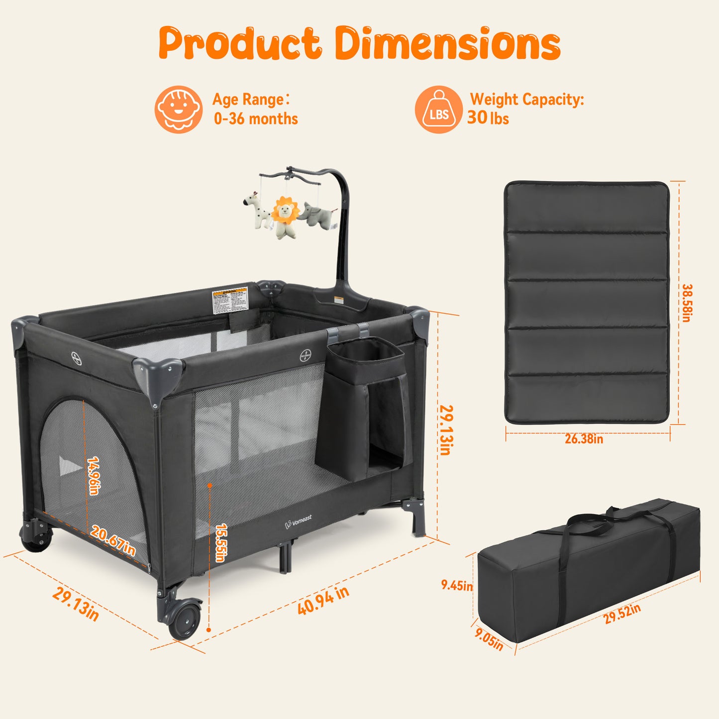 Vomeast Baby Playard,Portable Baby Bassinet Pack and Play with Mattress and Toy Bar,Foldable Bassinet Crib,0-5 Months,Black