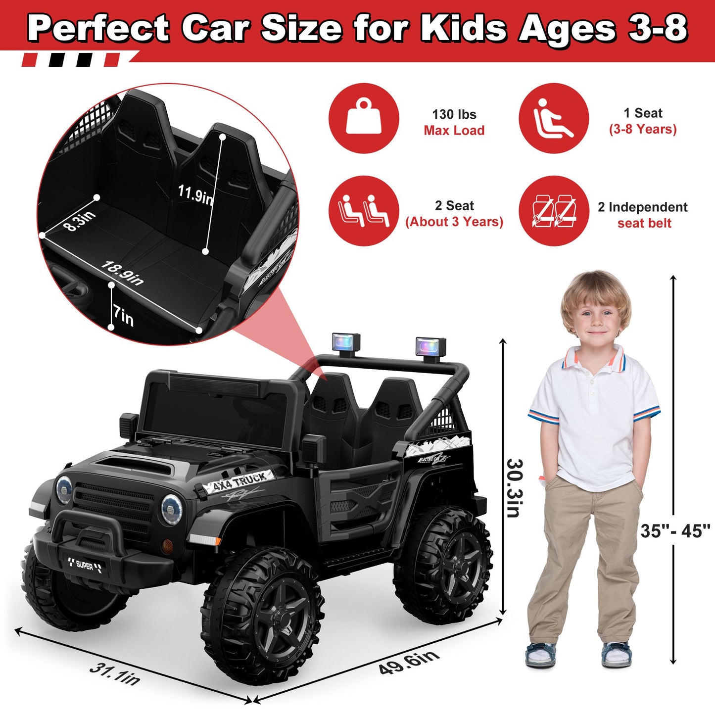 Wisairt 24V 9Ah Kids Ride on Truck, 2 Seater Powered Ride on Car w/Remote Control and Openable Storage Space, Bluetooth, Music, Colorful LED Lights, Electric Car for Kids Ages 3-8