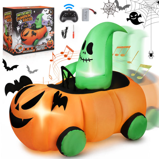 2.6ft Remote Control Inflatable Pumpkin Ghost Car with Music & Lights, Indoor/Outdoor