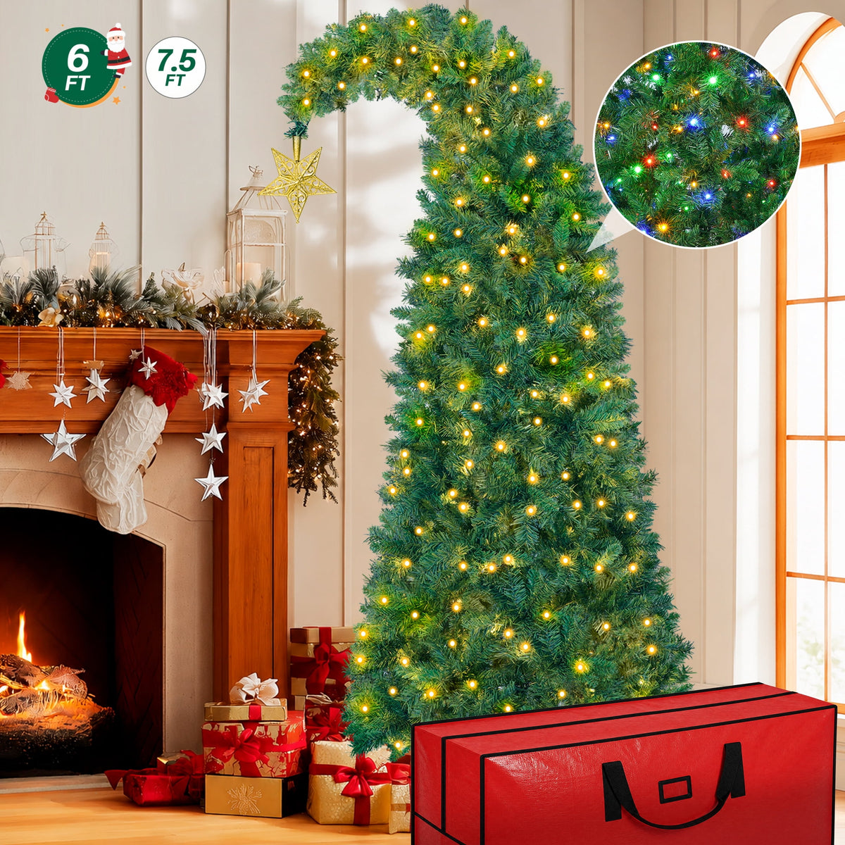 6FT Pre-Lit Crooked Neck Christmas Tree, 733 Tips Full Green Pine with 250 LED 11 Modes & Gold Star