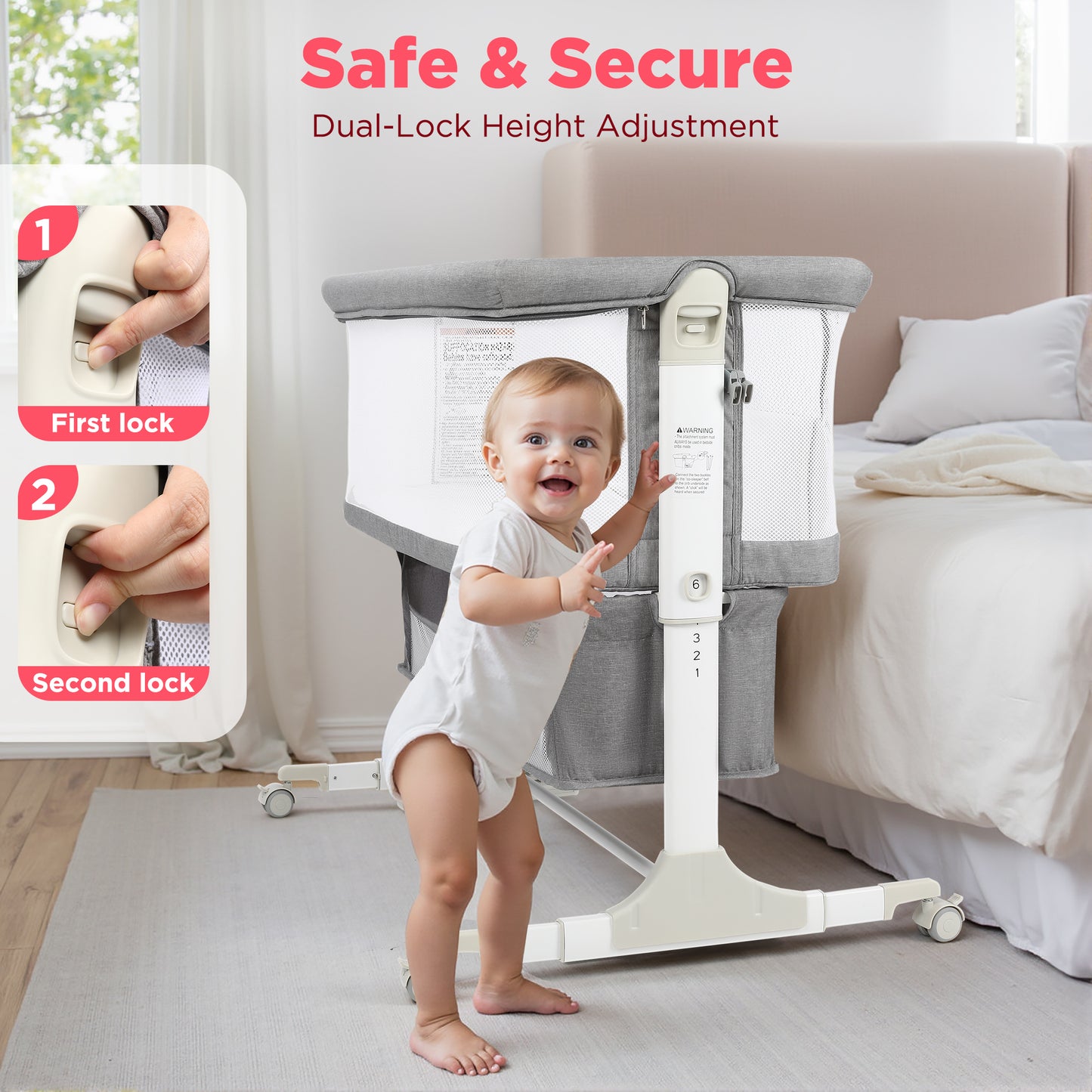 Vomeast Baby Bassinet Bedside Sleeper with Wheels, Adjustable Height, Dual-Lock, Storage Bag for Newborns Infants, Gray