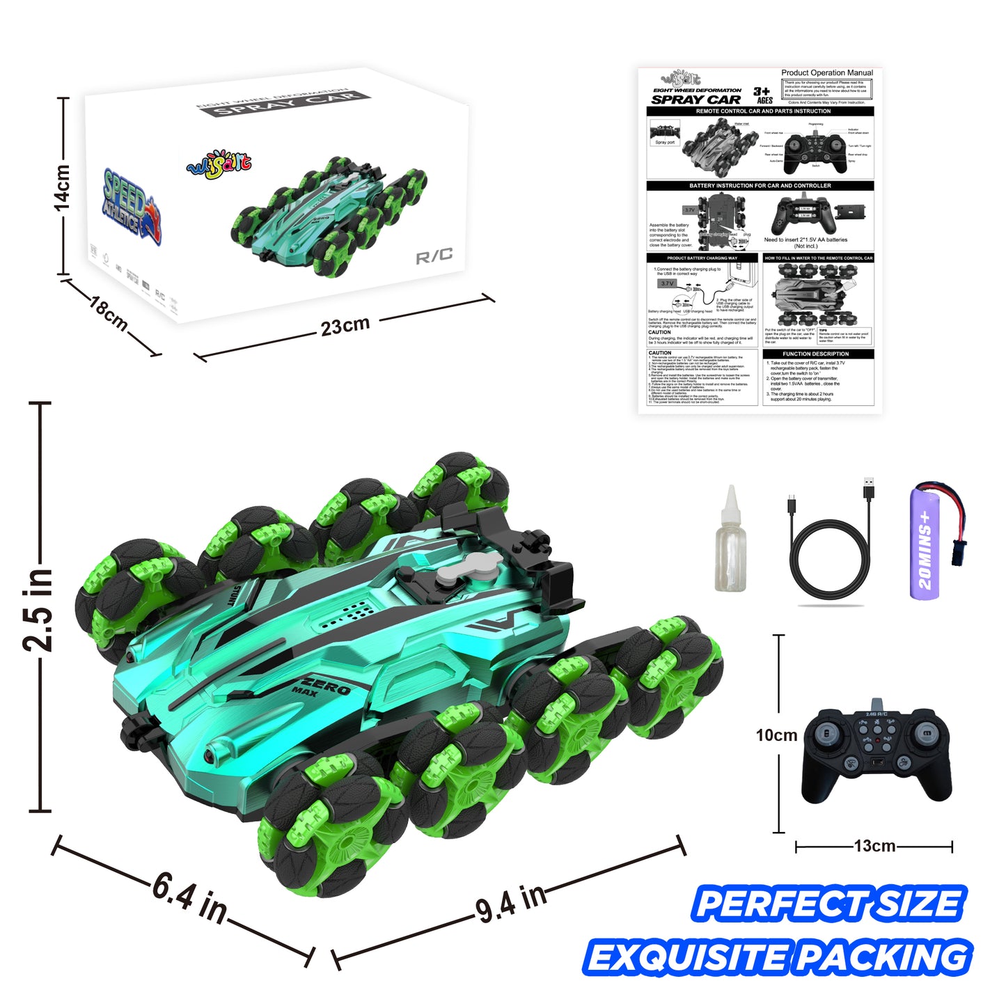 WISAIRT Remote Control Monster Truck,1:18 RC Drift Car with Spray 360 Degress Stunt Car Toys for Kids Boys Girls 6+ Birthday Gifts(Green)