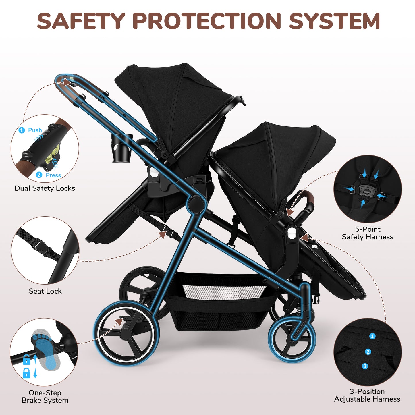 Vomeast Double Stroller for Infant and Toddlers, Foldable Twin Baby Strollers, Reversible Seat, 5-Point Harness, Adjustable Canopy & Reclining Seat