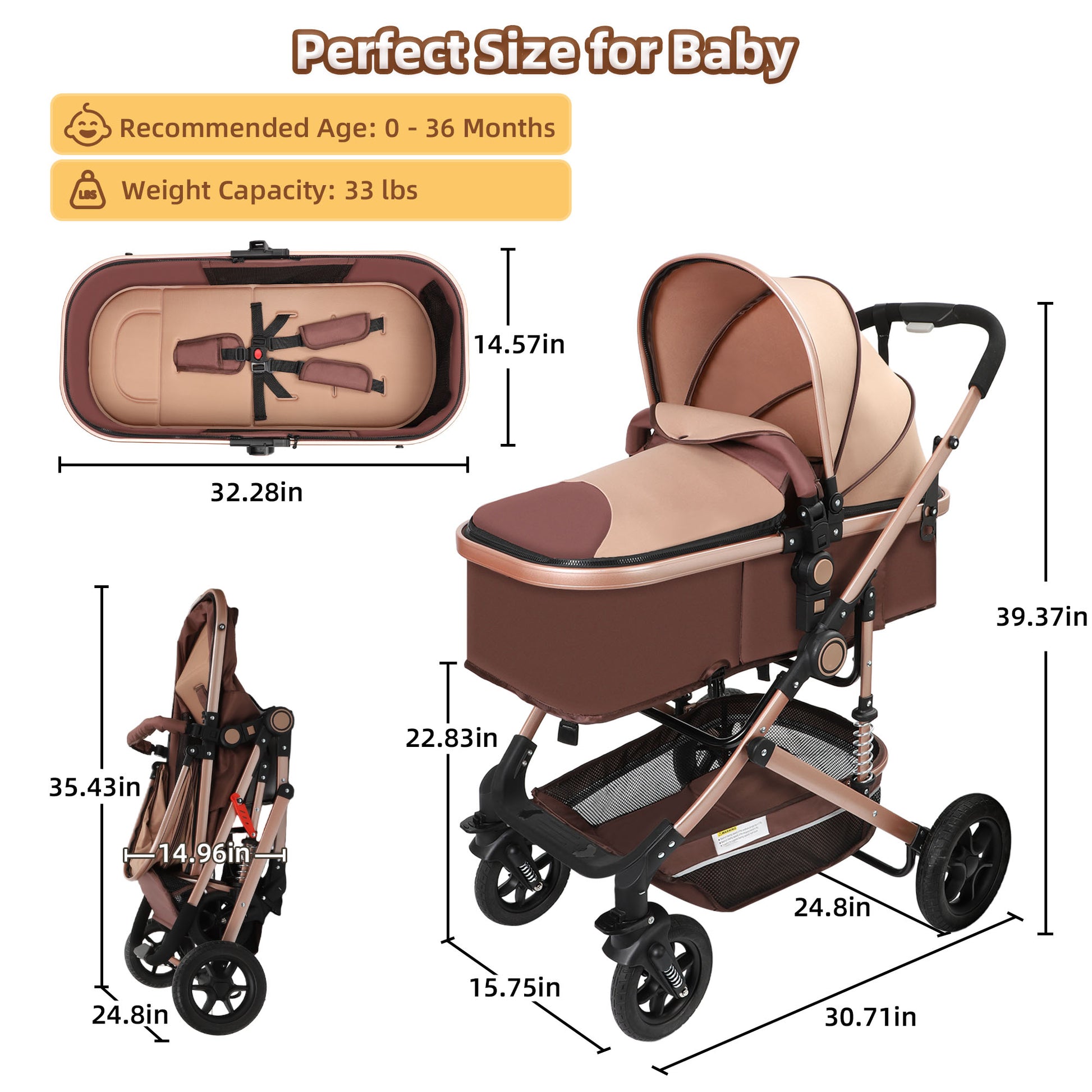 Vomeast Baby Stroller, Foldable Baby Stroller Reversible Bassinet, Tra – WISAIRT