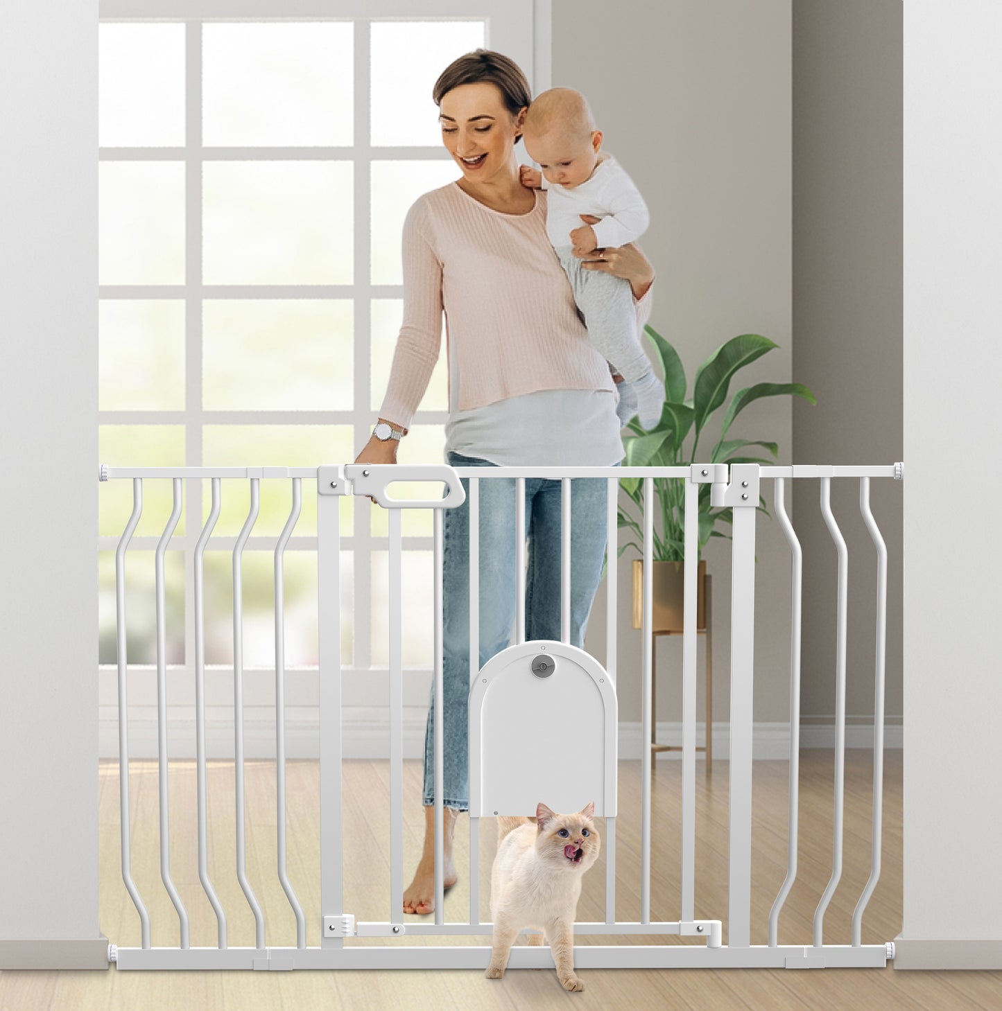 Wisairt Baby Gate for Stairs Doorways with Small Pet Door,29-48Inches Extra Wide Walk Auto-Close Safety Baby Gate,Pressure Mounted