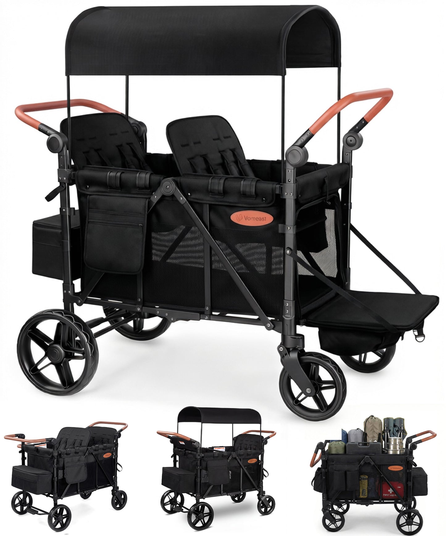 Vomeast Upgrade Wagon Stroller for 2 Kids, 2-Seater Outdoor Baby Stroller Wagon with Canopy, 5-Point Harness, Adjustable Handle(Black)