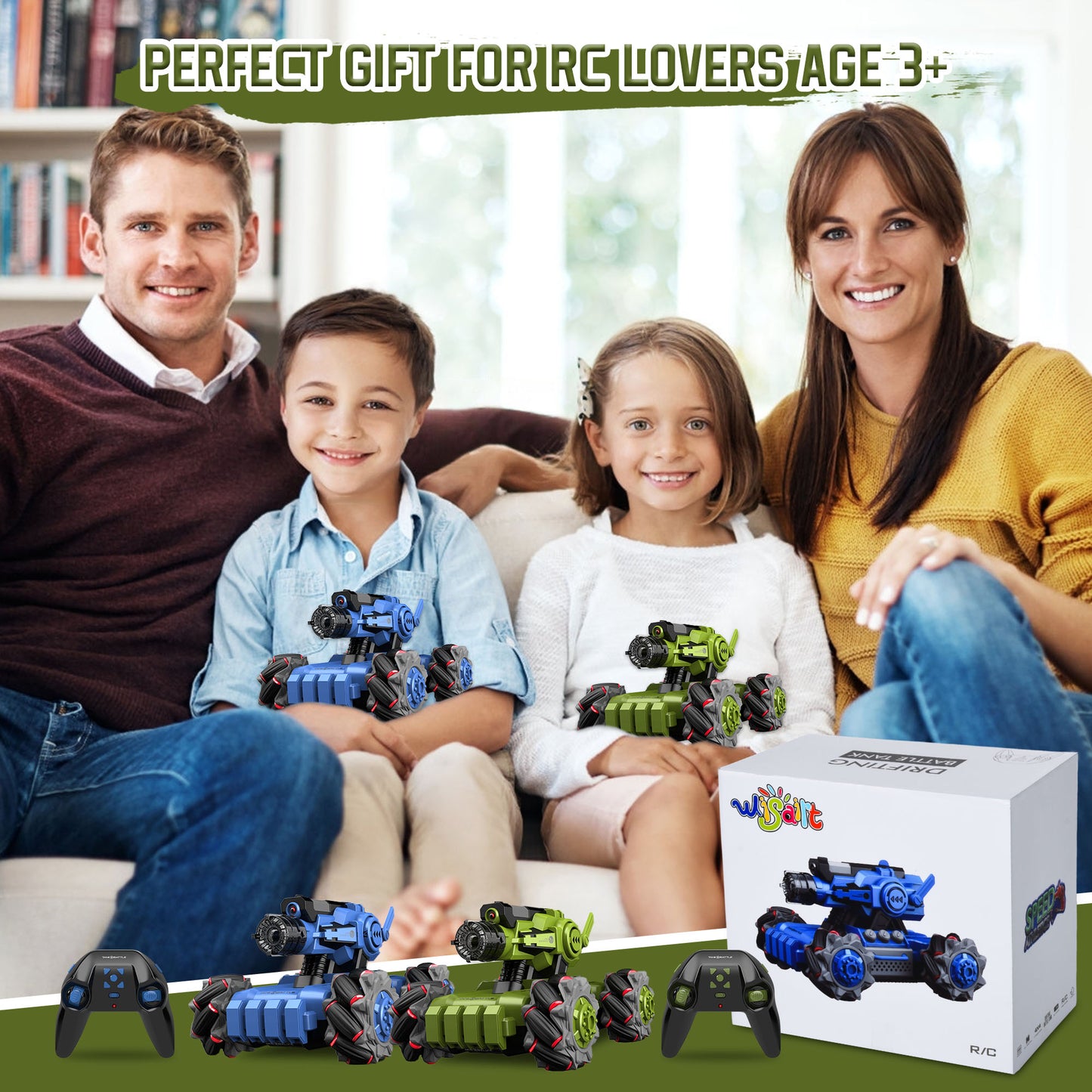 WISAIRT Remote Control Monster Truck,2 Pack RC Drift Cars with Spray 360 Degree Stunt Battle Tanks Toys for Kids Adults Boys Girls 6+ Birthday Gifts(Bule & Green)